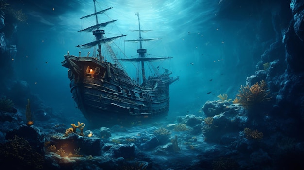 a painting of a ship under water with a diver and a diver in the background