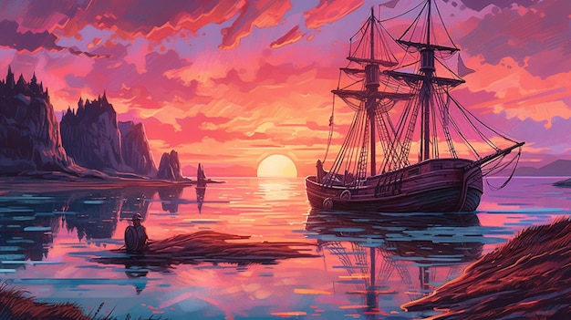 A painting of a ship in the water with the sun setting behind it.