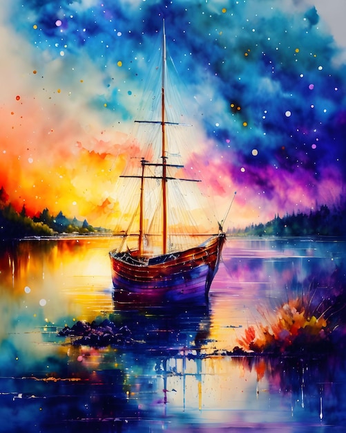 A painting of a ship on the water