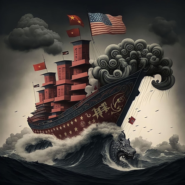 A painting of a ship with chinese flags on it