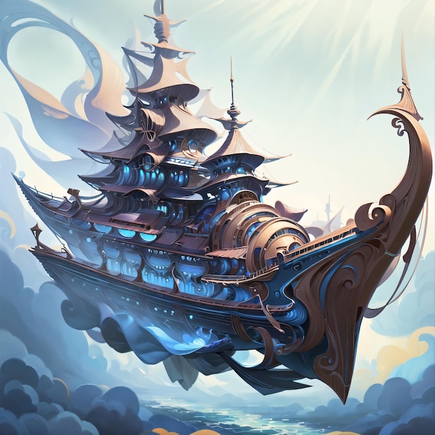 A painting of a ship with a large ship in the sky.