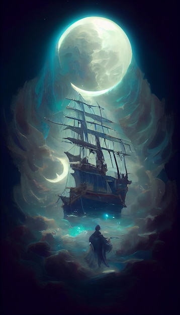 A painting of a ship with a man on it and the moon in the background.