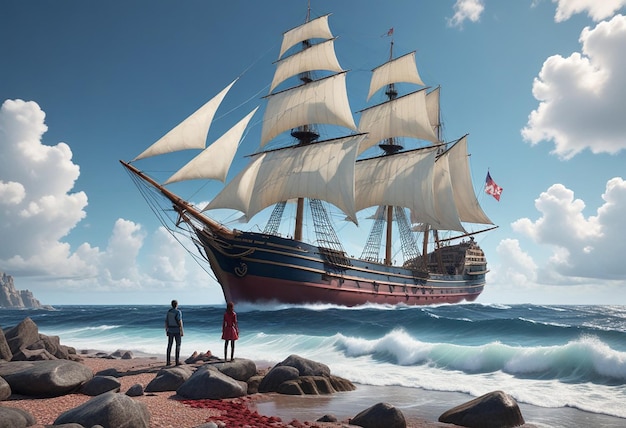 a painting of a ship with a man standing on the beach and a man standing next to it