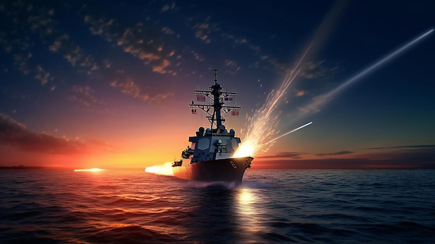 A painting of a ship with a missile shooting out of the water.