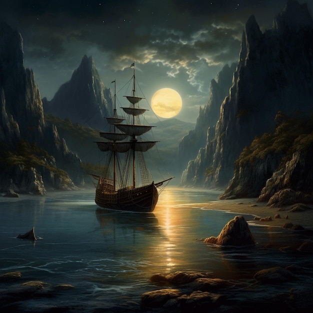 A painting of a ship with the moon in the background.