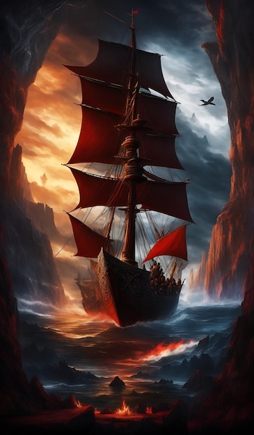 A painting of a ship with a red flag on the bottom.