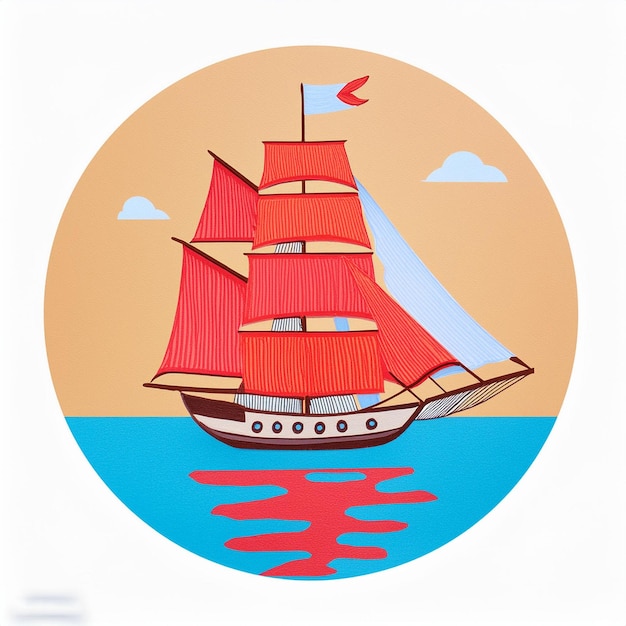 a painting of a ship with a red sail on it