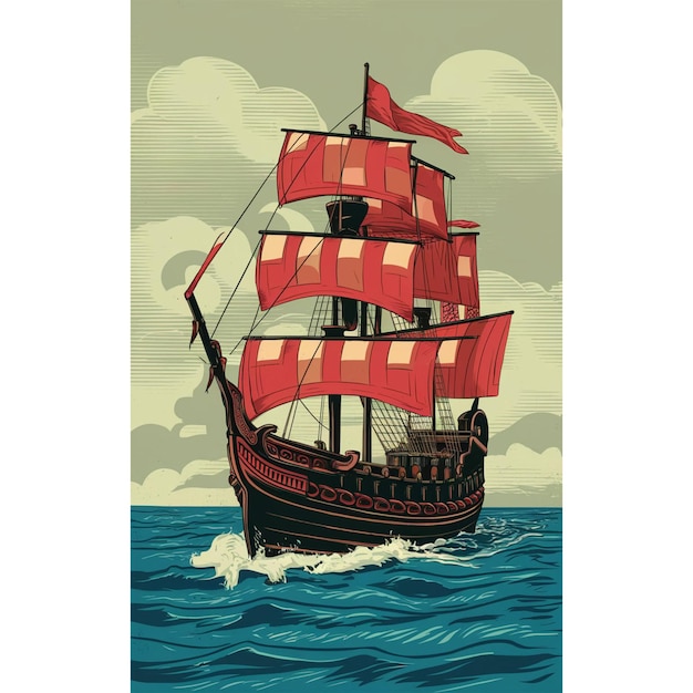 Photo a painting of a ship with a red sail on it