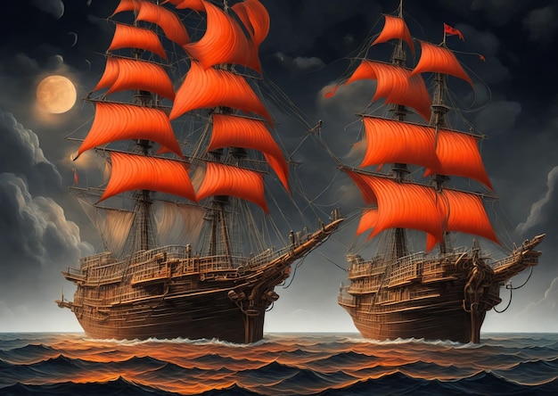 A painting of a ship with red sails