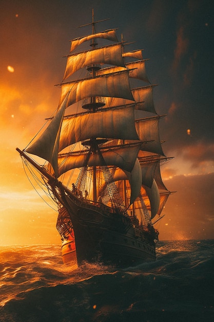 A painting of a ship with sails down in the ocean