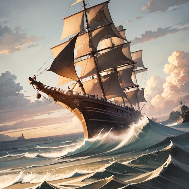 A painting of a ship with sails down in the ocean.