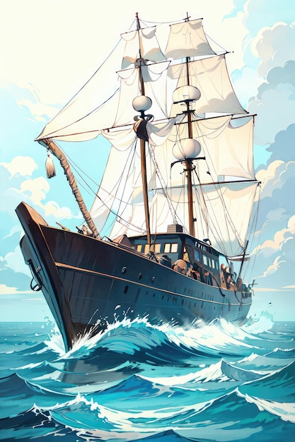 A painting of a ship with the sails up