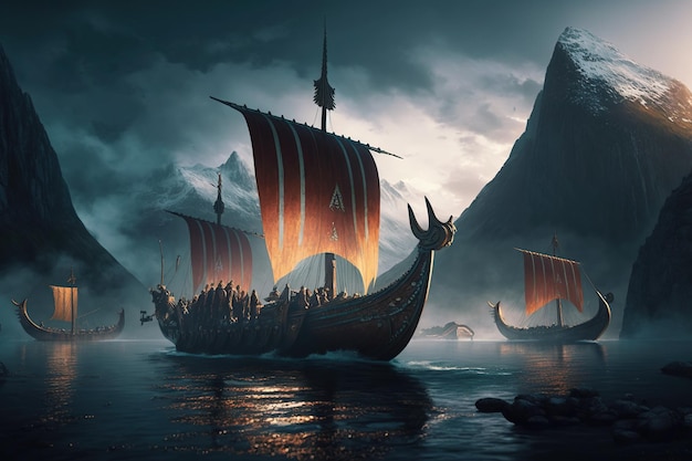 A painting of a ship with a ship named viking on the water.