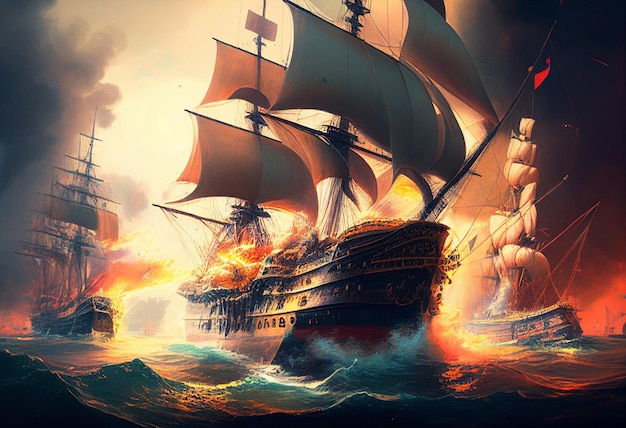 A painting of ships in flames and the words " the ship " on the right.