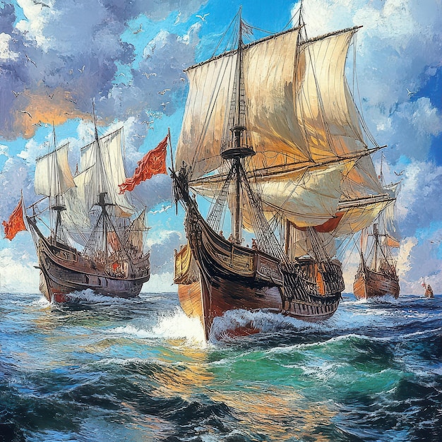 a painting of ships with the word  ship  on the bottom