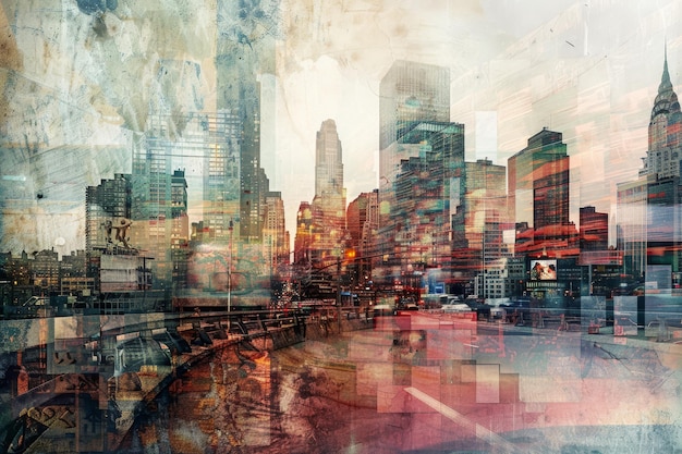 A painting showcasing a bustling city with numerous towering skyscrapers dominating the skyline A cityscape where memories and identities can be uploaded and shared