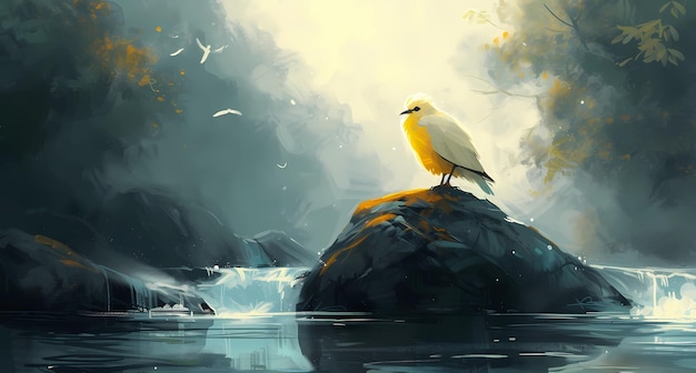 a painting showing a bird sitting in the water on a rock