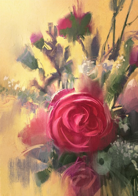 painting showing bouquet of beautiful pink roses