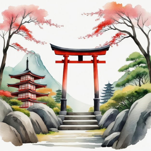 a painting of a shrine with a red torii gate