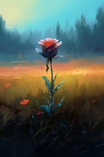 Painting of a single rose in a field with a foggy sky generative ai