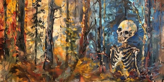 a painting of a skeleton and a skull in the woods