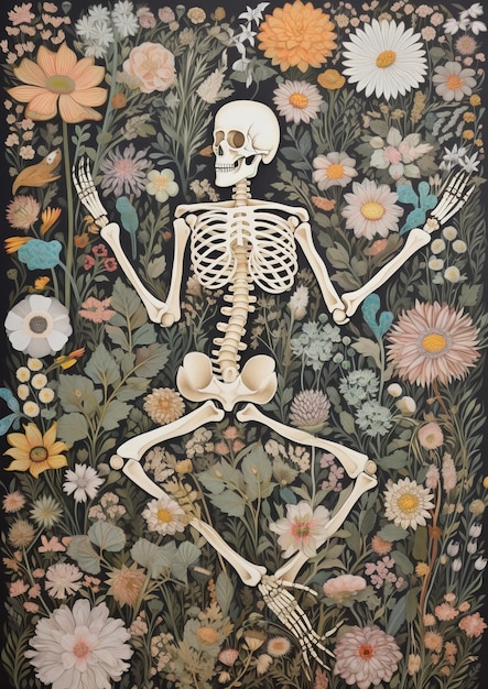 a painting of a skeleton with flowers and a picture of a skeleton