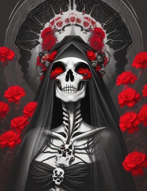 A painting of a skeleton with red roses on it.