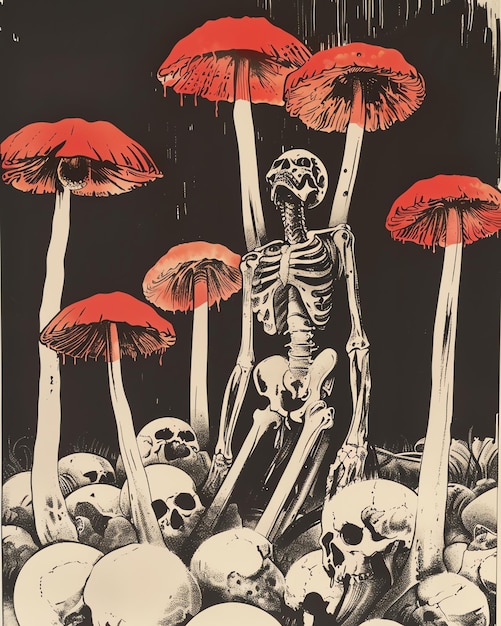 a painting of a skeleton with a skeleton and mushrooms