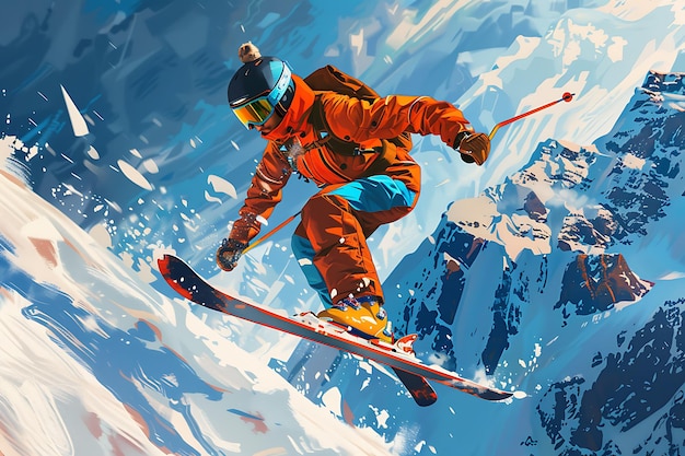 Photo a painting of a skier in a red jacket and blue pants