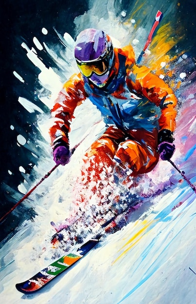 Painting of a skier skiing down snowy slope with black background generative ai