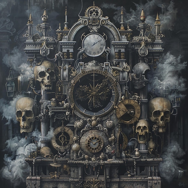 a painting of a skull and a clock with a skull on it