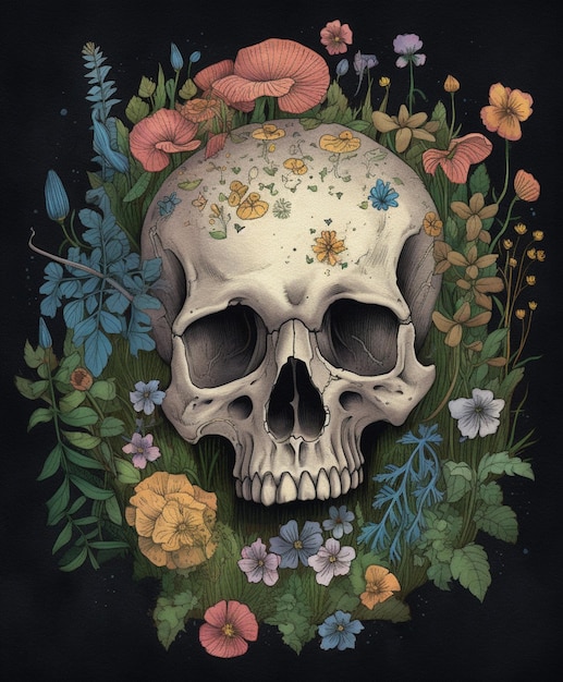 A painting of a skull surrounded by flowers.