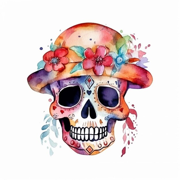 a painting of a skull wearing a hat with flowers on it generative ai