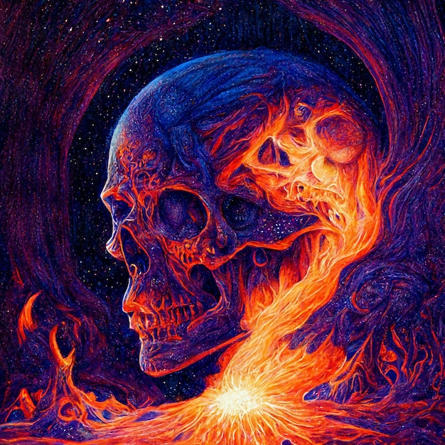 Painting of a skull with flames coming out of it generative ai