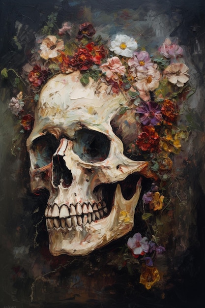 A painting of a skull with flowers on it