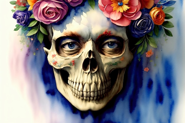 A Painting Of A Skull With Flowers On Its Head