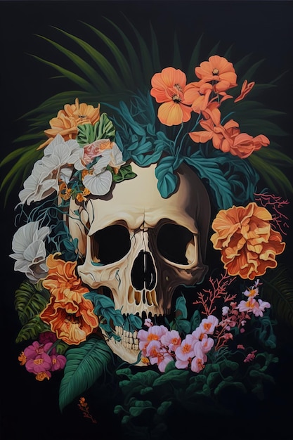 Photo a painting of a skull with flowers and a skull