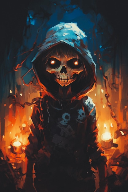 A painting of a skull with glowing eyes and a hood.