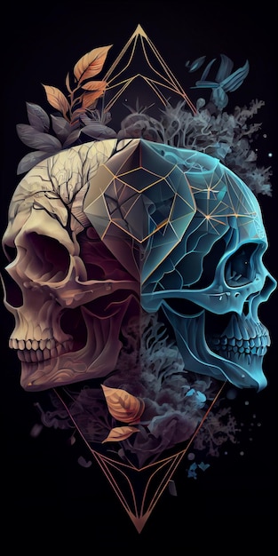 A painting of a skull with multiple skulls and trees on the left side