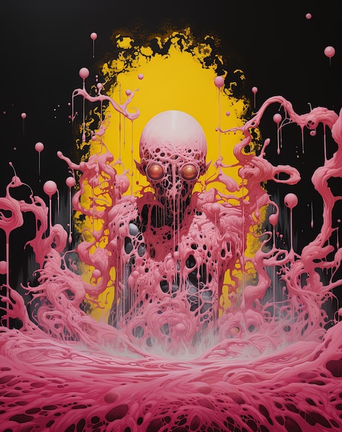 Photo a painting of a skull with pink and white paint and the word skull