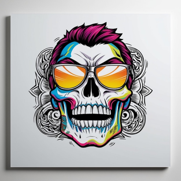 a painting of a skull with yellow glasses and a skull