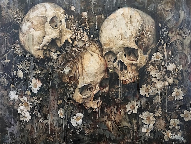 a painting of skulls and bones is shown in a painting