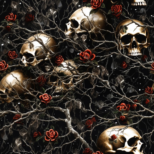 A painting of skulls and roses with the words " skull " on the bottom right.