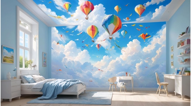 a painting of a sky with many balloons in it