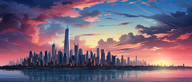 A painting of the skyline from the new york city.