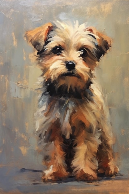 Painting of a small dog sitting on a table with a brown background generative ai