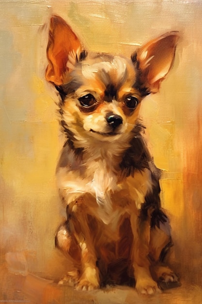 Painting of a small dog sitting on a table with a yellow background generative ai