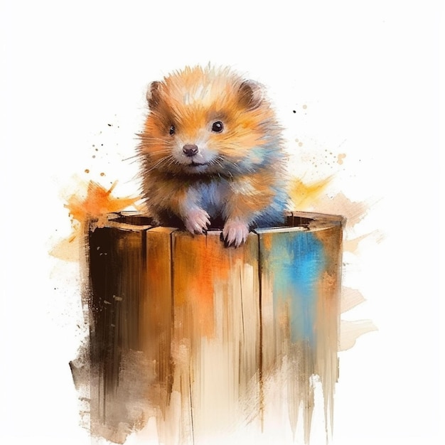 Painting of a small hamster sitting on top of a wooden post generative ai