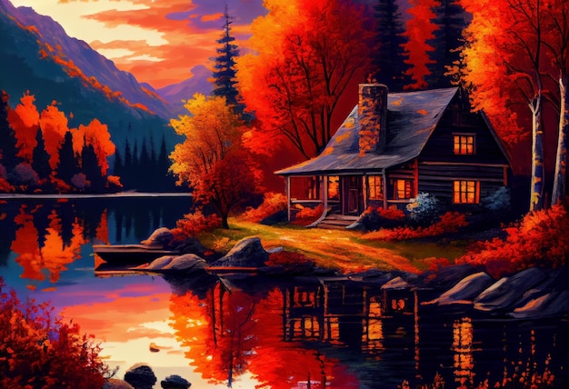 Painting of a small house by the lake at sunset Created with generative AI technology