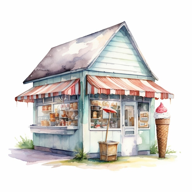 Painting of a small ice cream shop with a large ice cream cone generative ai